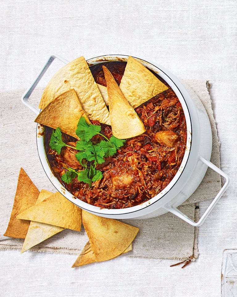 Chicken and pepper pie with tortilla crisps