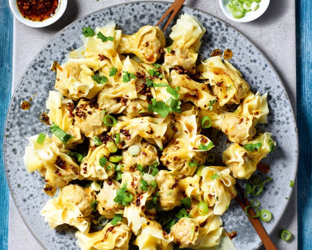 Pork, celery and water chestnut wontons with ma la chilli oil
