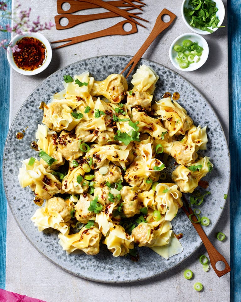 Pork, celery and water chestnut wontons with ma la chilli oil