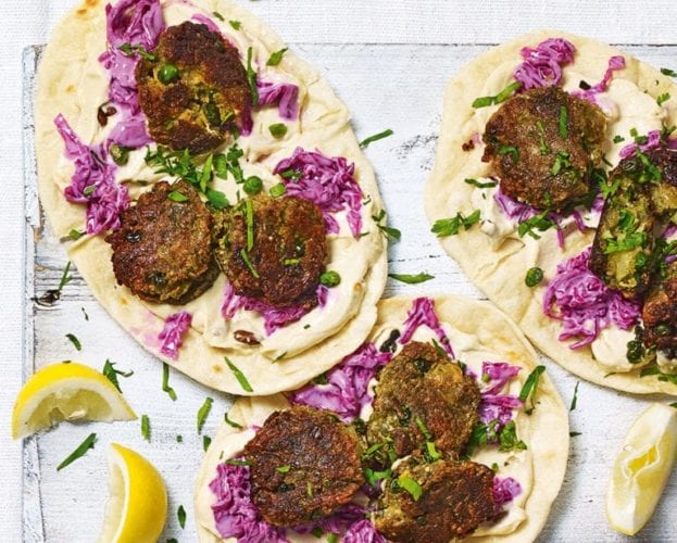 Halloumi and pea falafel flatbreads with houmous and slaw