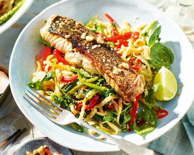 Crisp-skinned coley with Asian rice noodle salad