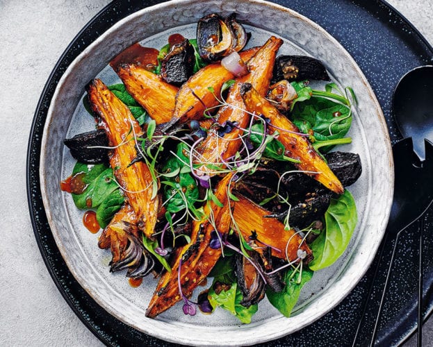 Roast sweet potato, beetroot and red onion salad with miso dressing