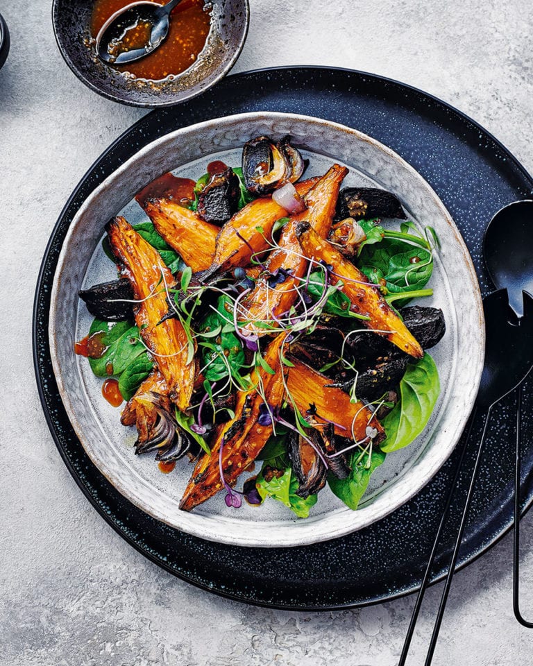 Roast sweet potato, beetroot and red onion salad with miso dressing