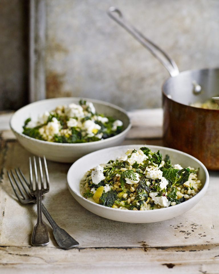 Nettle and barley ‘risotto’ with goat’s cheese