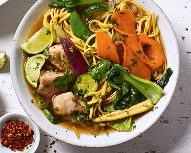 Hainanese chicken noodle soup