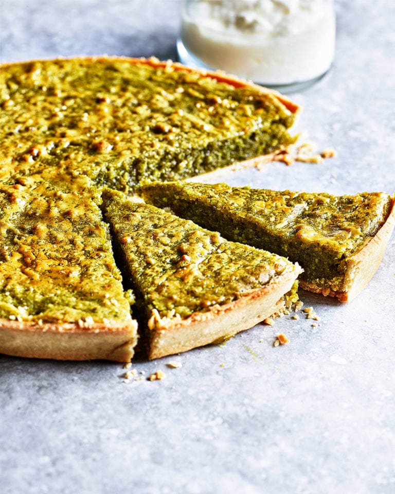 Pistachio, orange and cardamom tart with goat’s milk yogurt