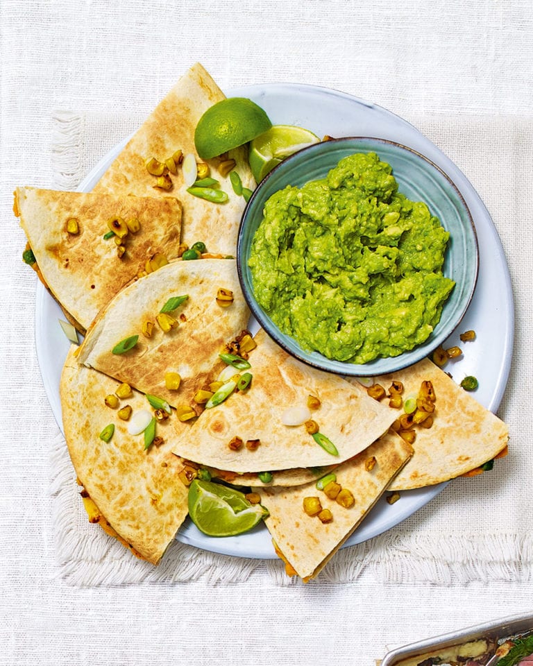 Sweet potato, pea and cheese quesadillas