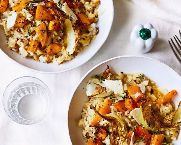 Oven-roasted spiced squash and cauliflower risotto