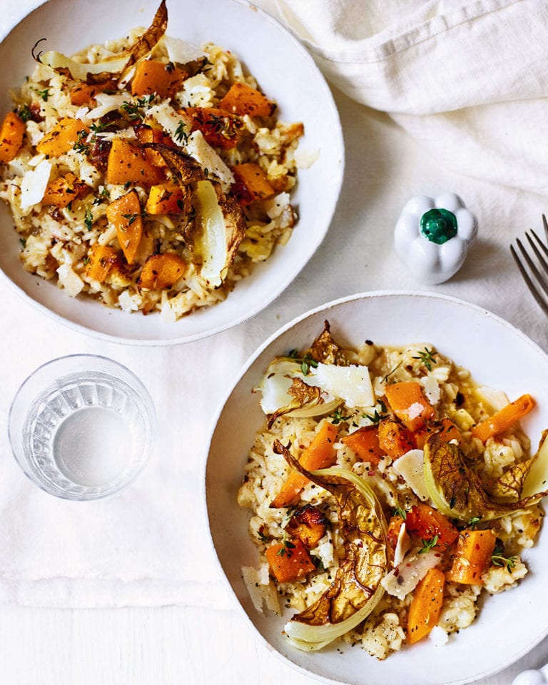 Oven-roasted spiced squash and cauliflower risotto