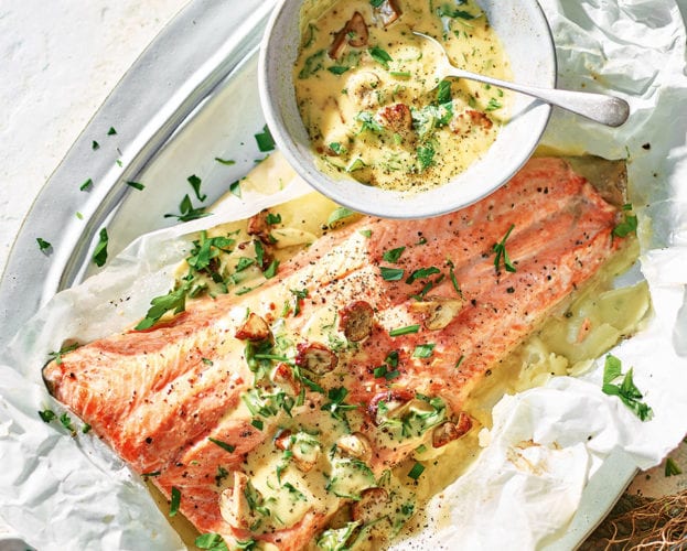 Baked arctic char with mushroom hollandaise and crispy potatoes