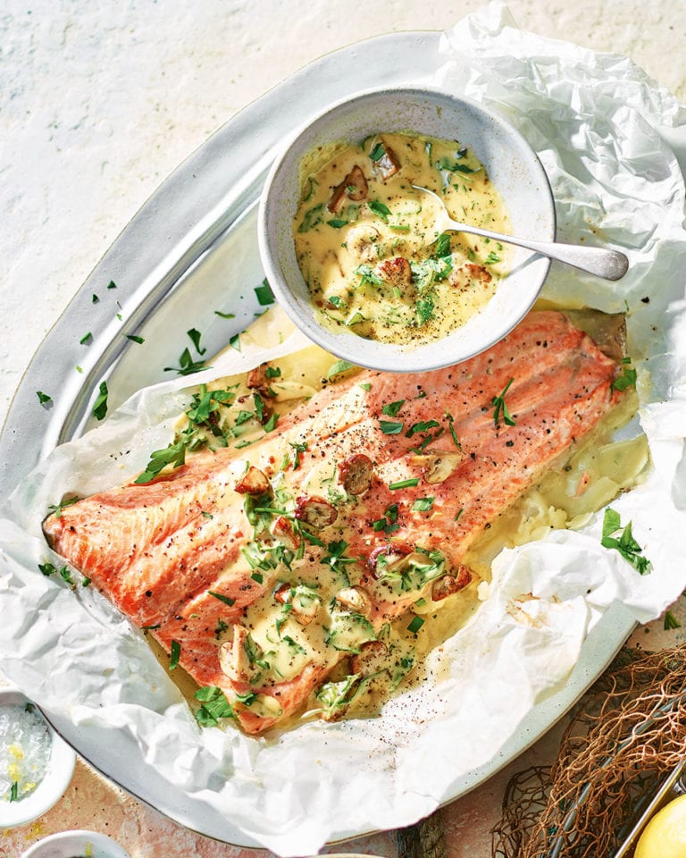 Baked arctic char with mushroom hollandaise and crispy potatoes