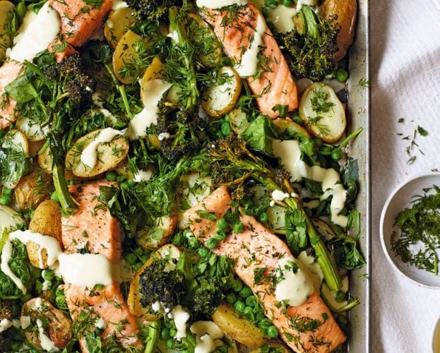 Salmon and broccoli traybake with mustard sauce