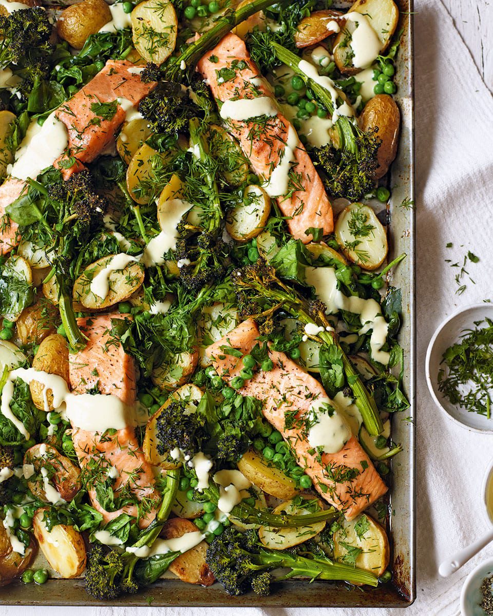 Healthy salmon and broccoli traybake with mustard sauce recipe