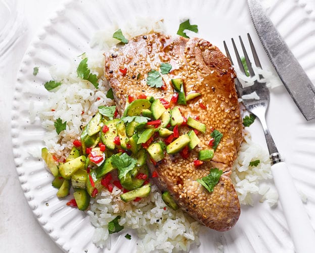 Sesame tuna steak with cucumber salad and rice