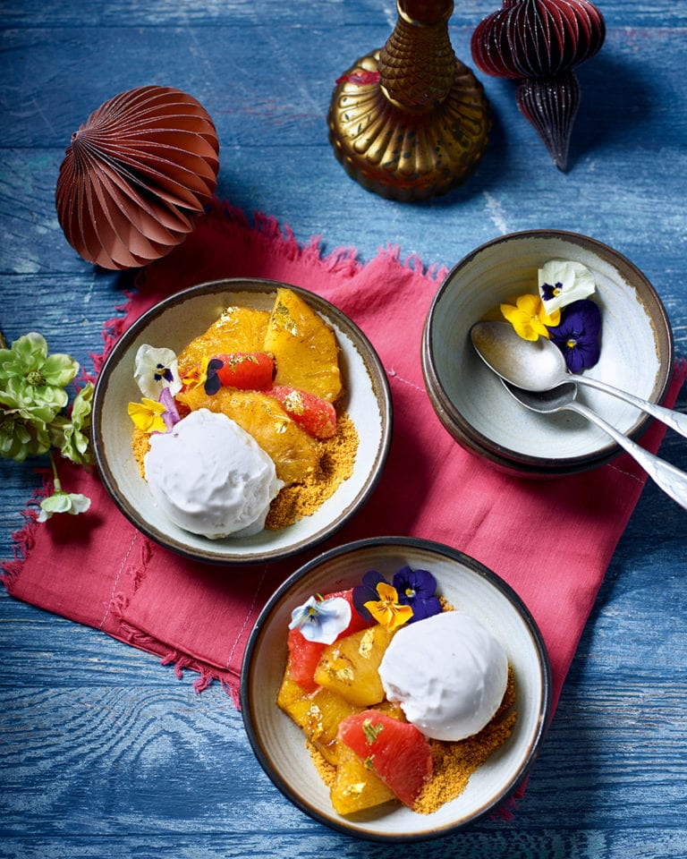 Fragrant maple pineapple with coconut ice cream