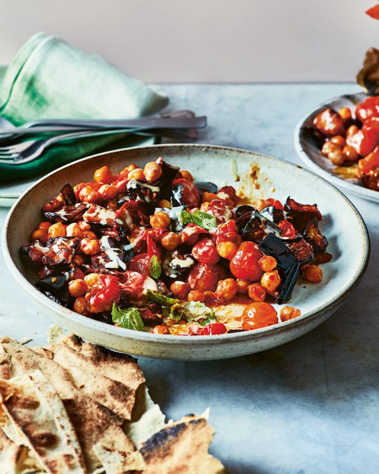 Aubergine, tomato and chickpea traybake