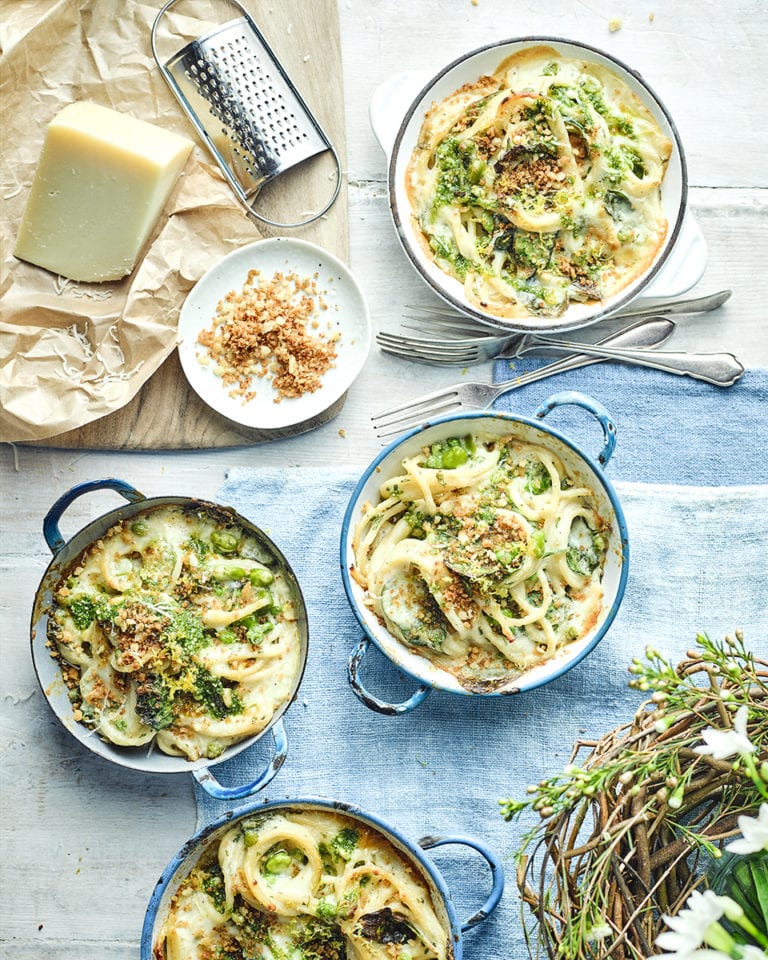Baked pasta with peas, broad beans, fresh herbs and grana padano