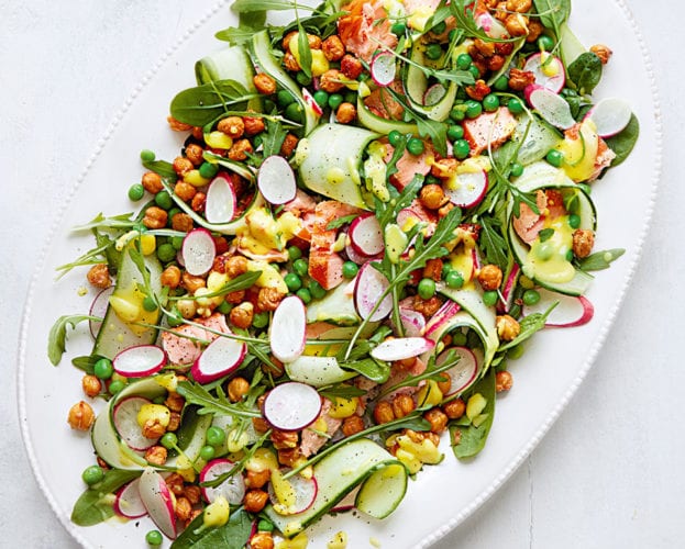 Hot-smoked salmon and crispy chickpea salad