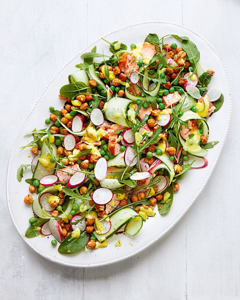 Hot-smoked salmon and crispy chickpea salad