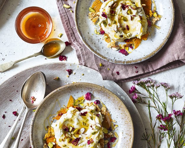 Honey, sesame and filo cheesecake puddings