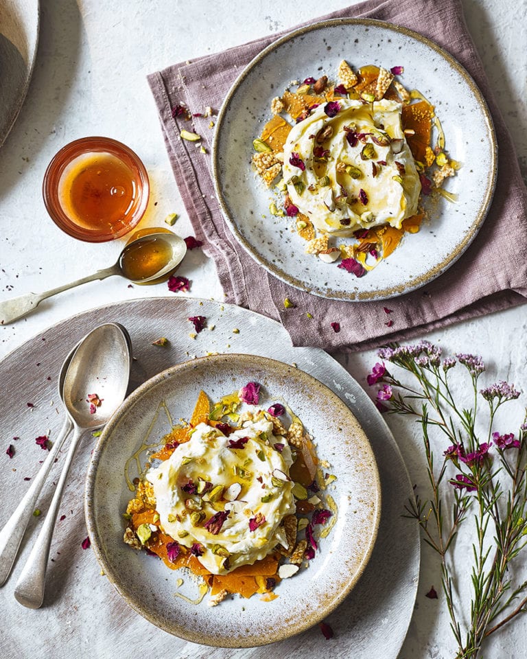 Honey, sesame and filo cheesecake puddings