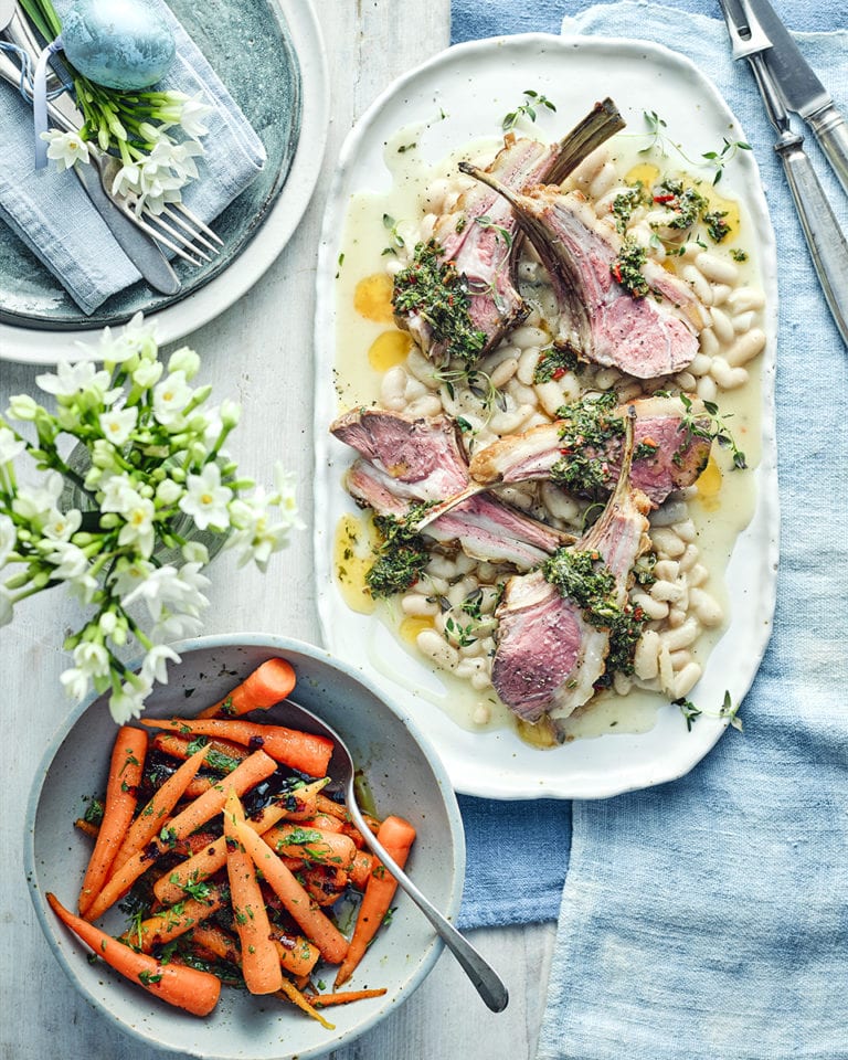 Lamb cutlets with cannellini beans and balsamic-roasted carrots