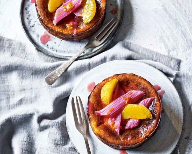 Mini burnt cheesecakes with rhubarb and orange compote