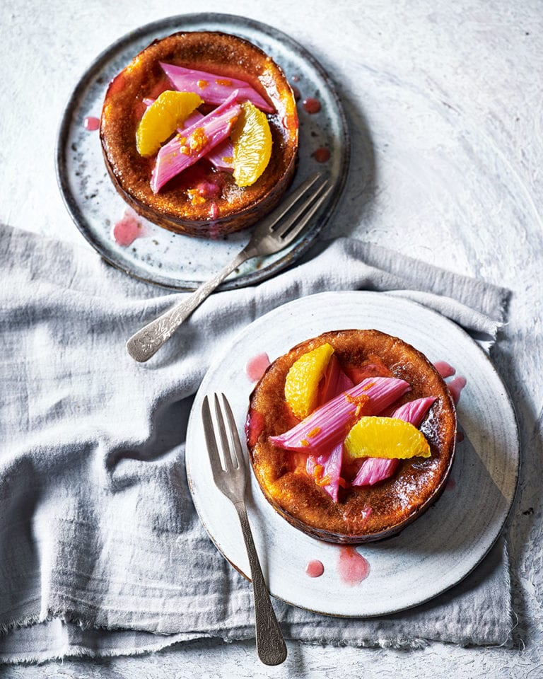 Mini burnt cheesecakes with rhubarb and orange compote