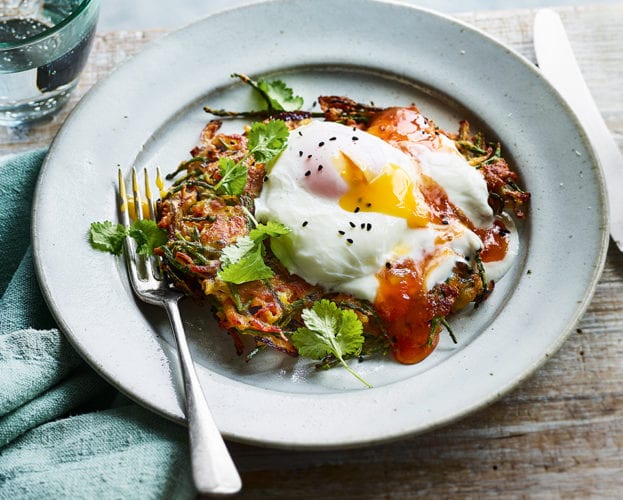 Spiced onion fritters with poached eggs