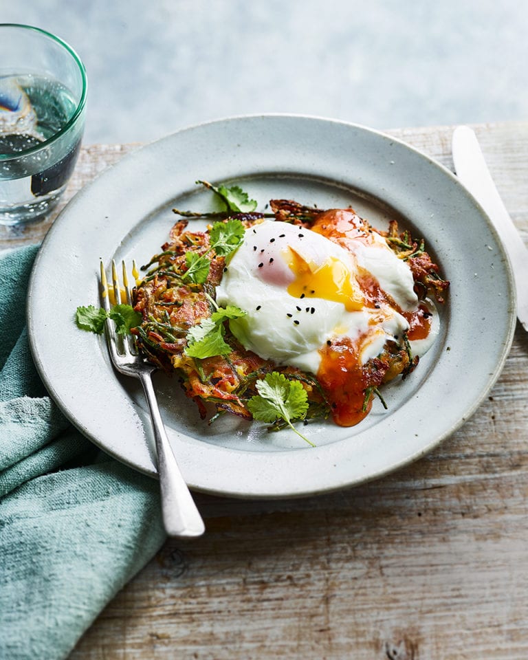 Spiced onion fritters with poached eggs