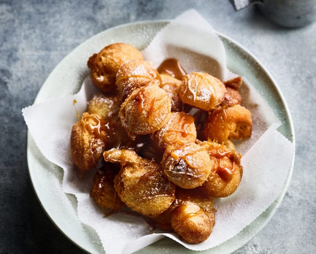 Pineapple fritters with salted caramel sauce