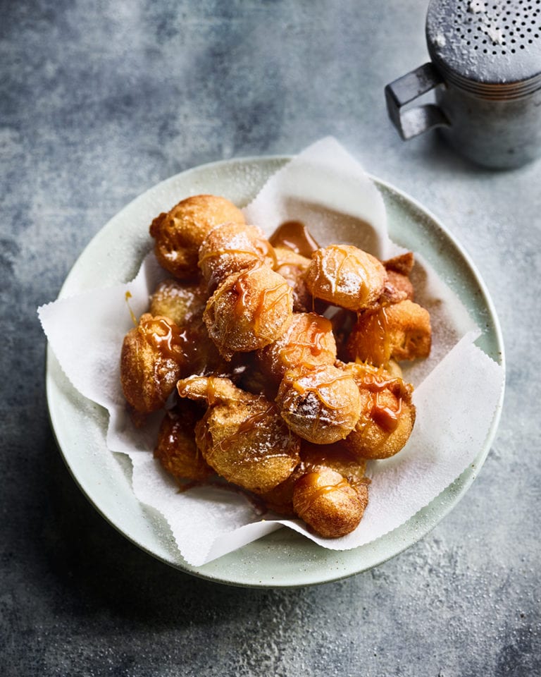 Pineapple fritters with salted caramel sauce