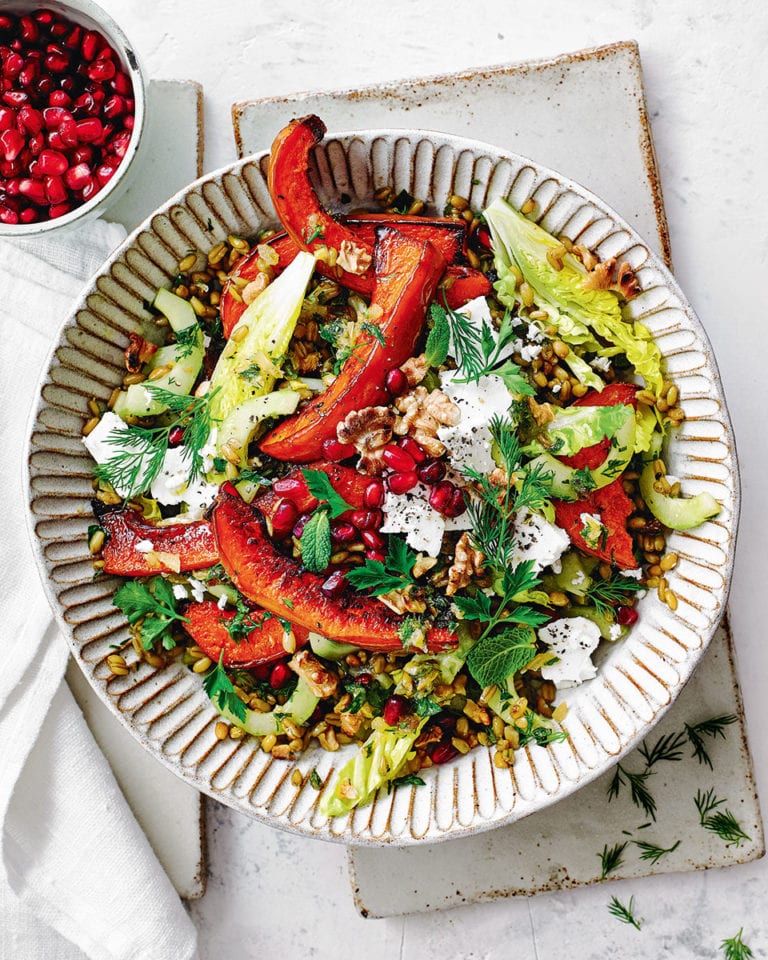 Roast squash, freekeh and feta salad