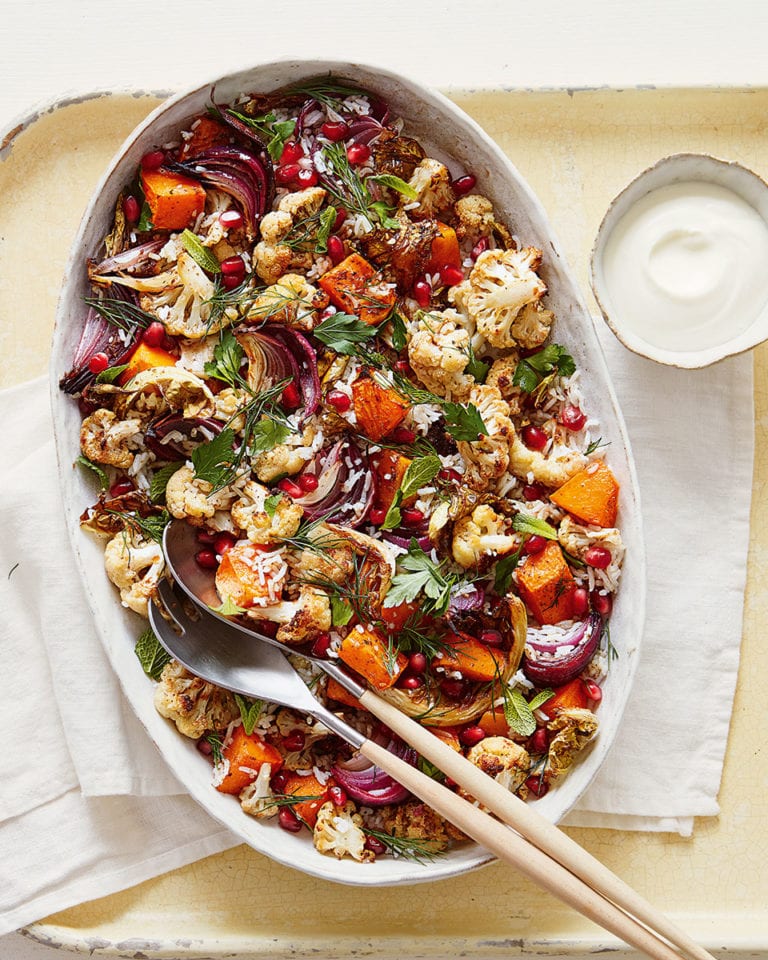 Warm za’atar-spiced cauliflower, red onion and rice salad