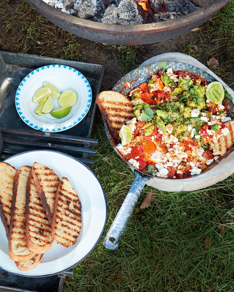 Breakfast eggs with chorizo, avocado and feta