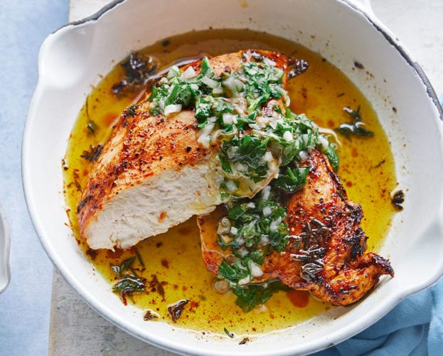 Crisp-skinned chicken breast with salsa verde