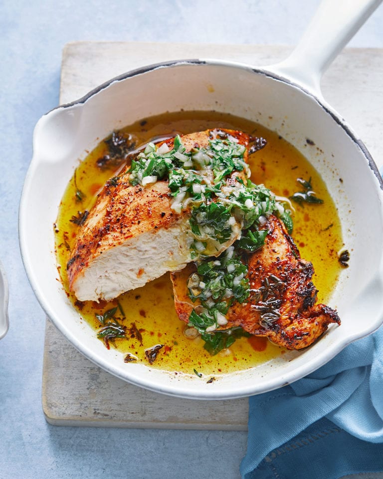 Crisp-skinned chicken breast with salsa verde