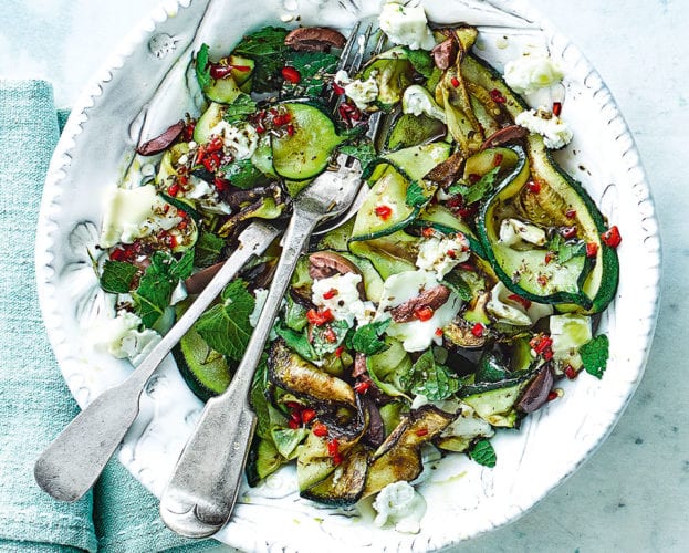 Griddled courgette salad with goat’s cheese and honey
