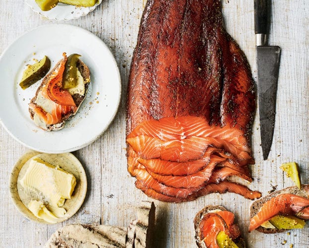 Pastrami-style cured salmon on rye