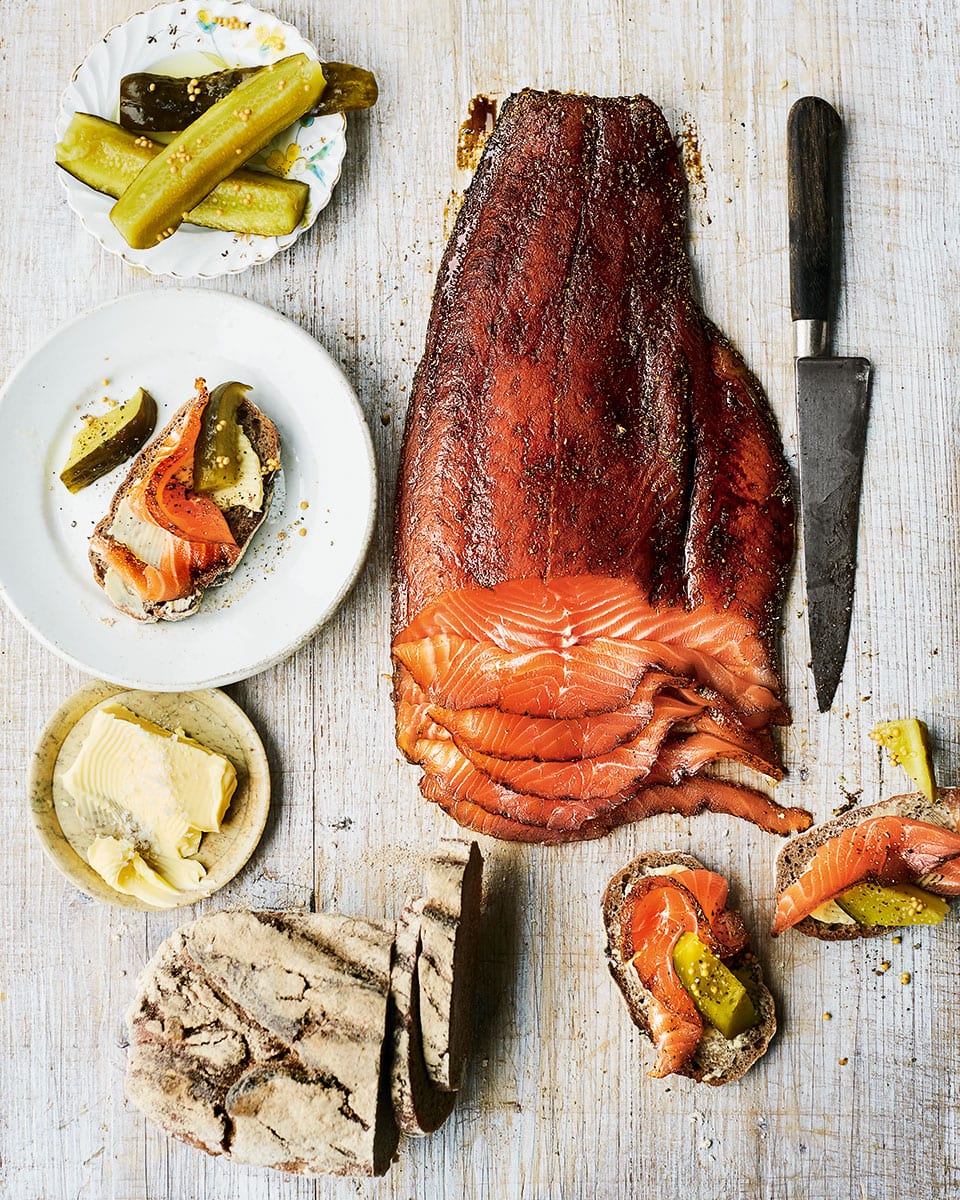 image of Pastrami-Style Cured Salmon on Rye recipe by Delicious Magazine
