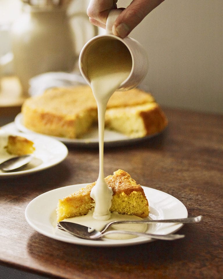 Sticky gooseberry cake with saffron and honey with custard