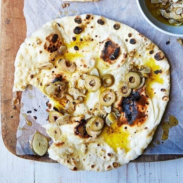 Garlic, anchovy and olive flatbreads