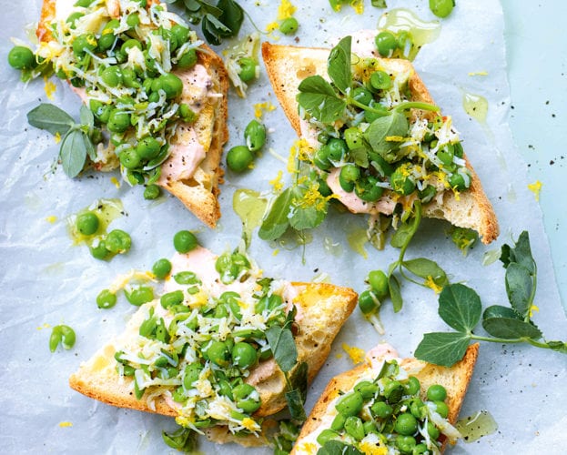 Pea and crab crostini