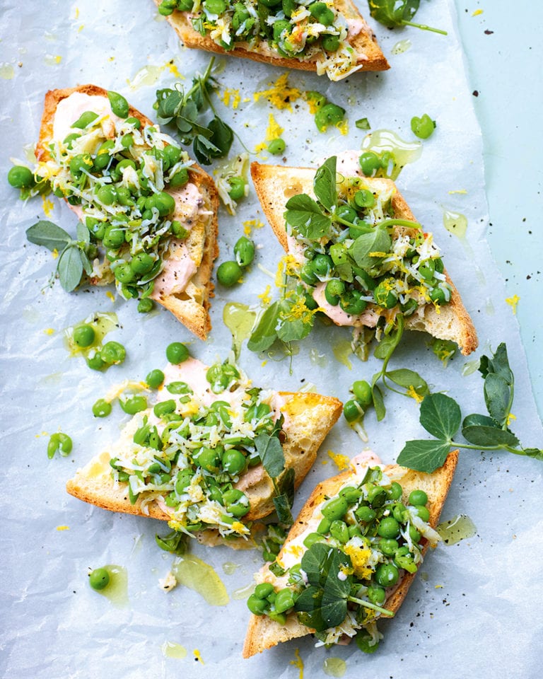 Pea and crab crostini