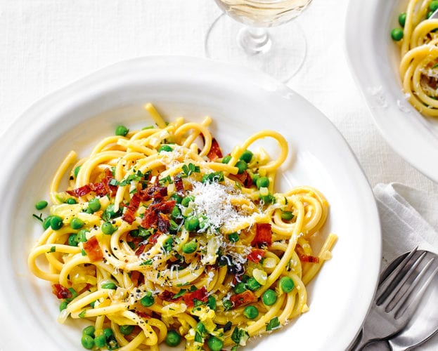 Pea and pancetta carbonara