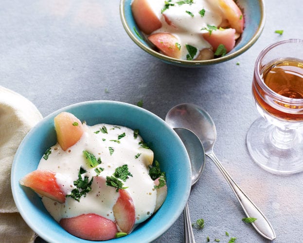 Poached peaches with zabaglione