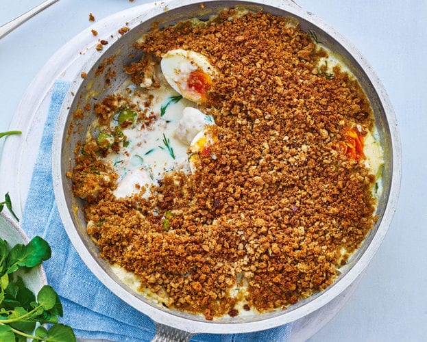 Russian-style chicken and egg pie with rye crumbs