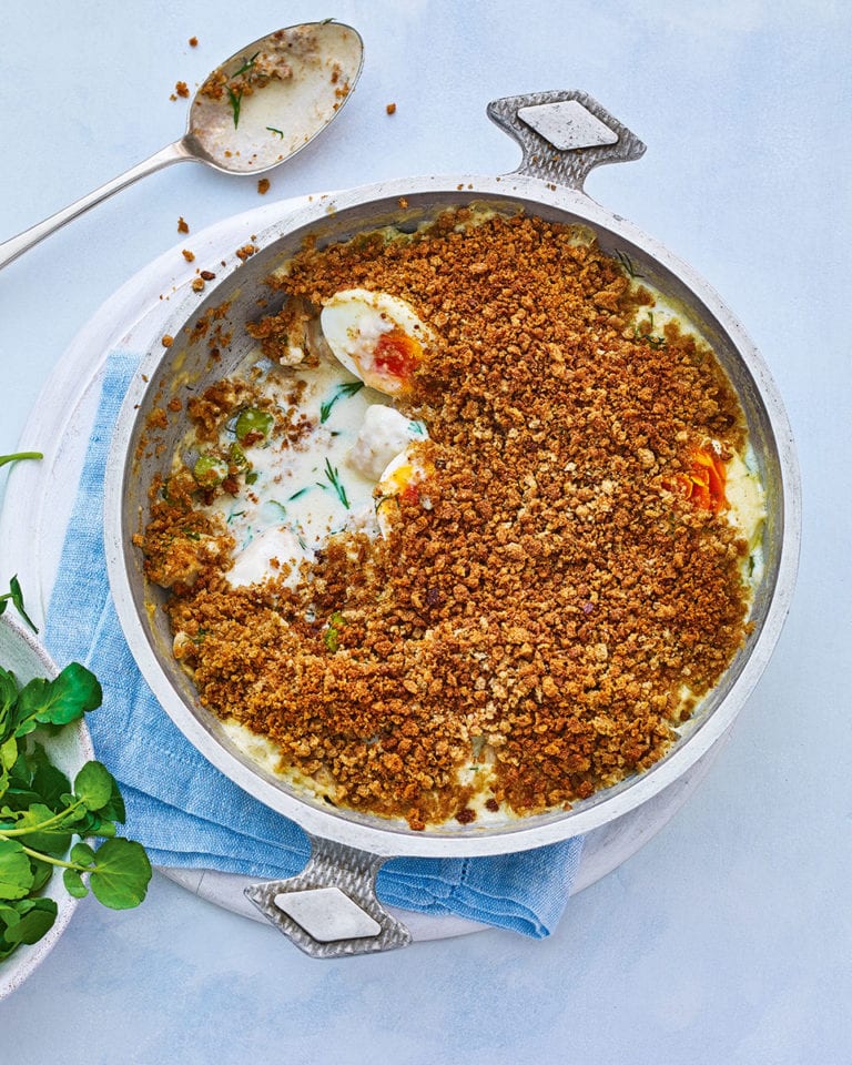 Russian-style chicken and egg pie with rye crumbs