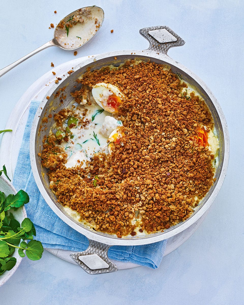 image of Russian-Style Chicken and Egg Pie With Rye Crumbs recipe by Delicious Magazine