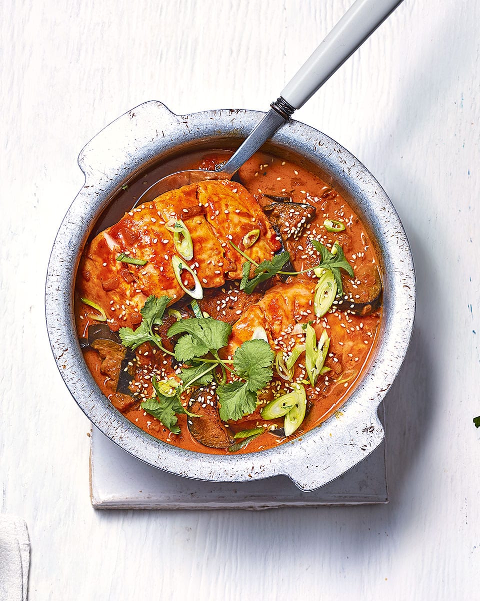 Spicy salmon and aubergine curry recipe | delicious. magazine